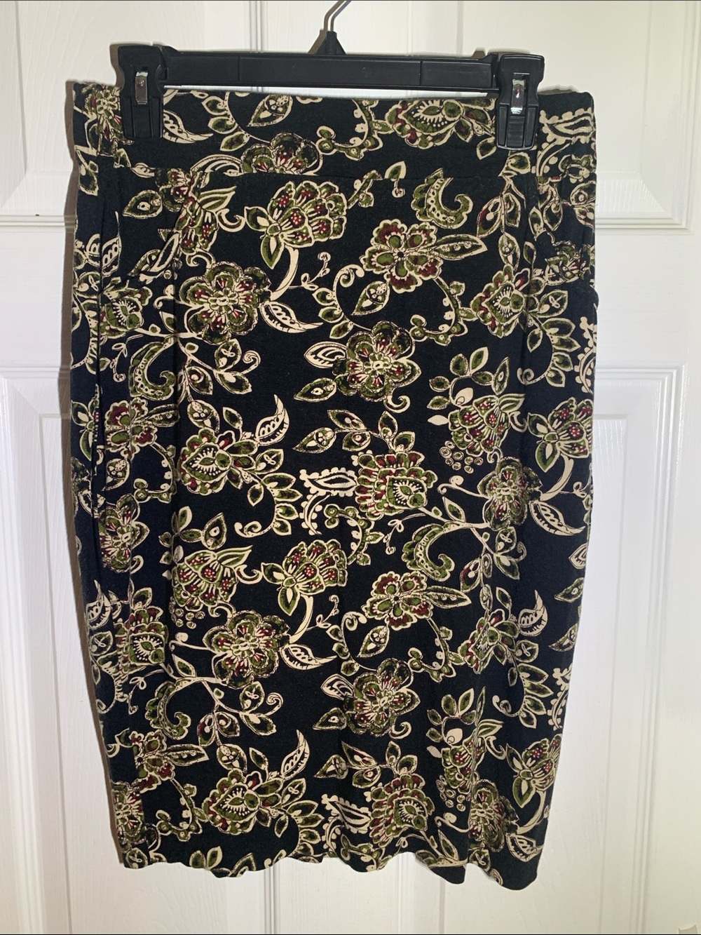 Black Floral Pencil Skirt with Green and Cream Accents